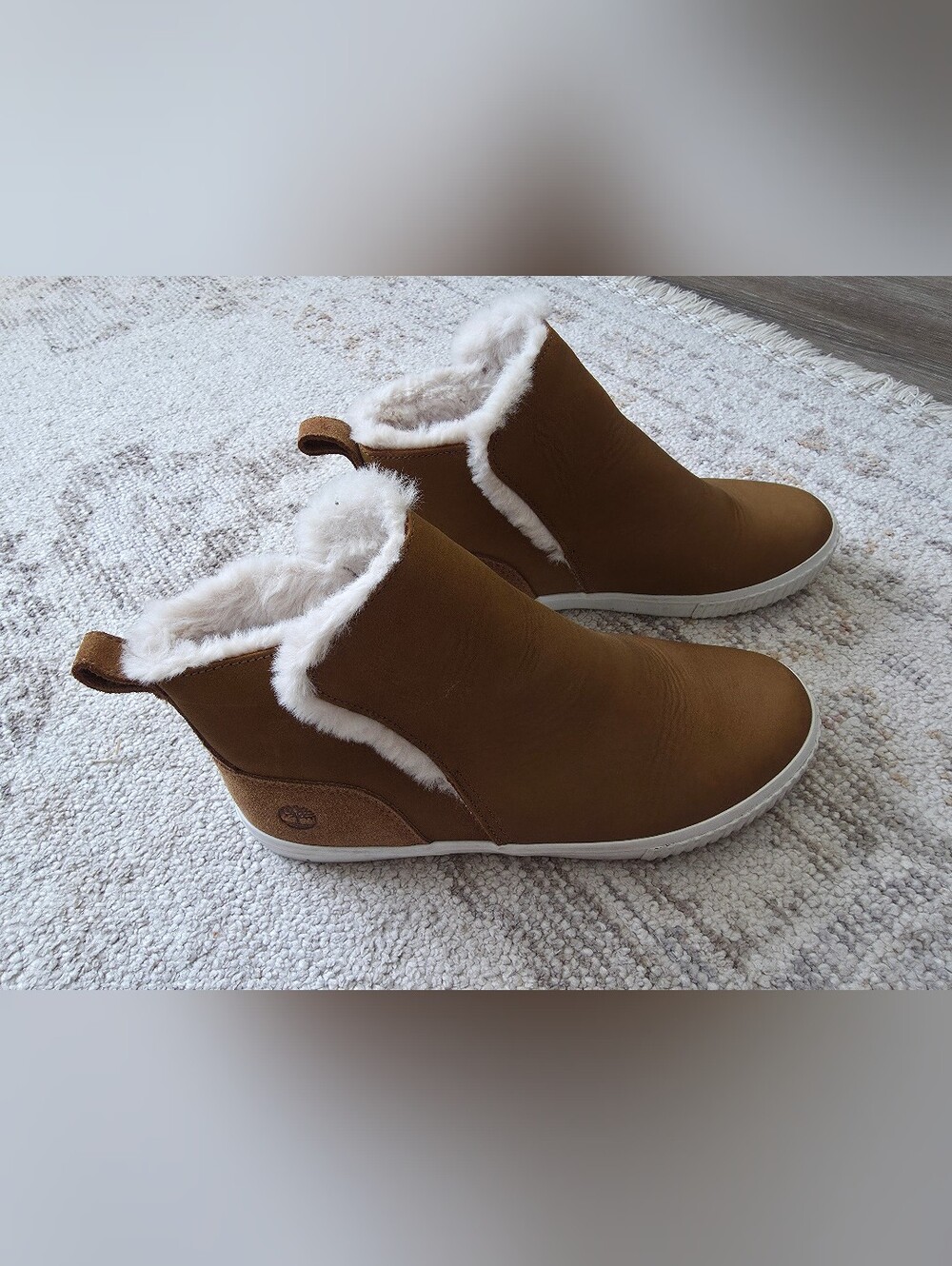 Timberland Women's Brown Faux-Shearling Ankle Booties with White Trim